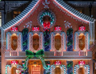 Elaborate gingerbread house holiday light display