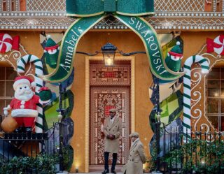 Gingerbread house facade with Christmas decorations