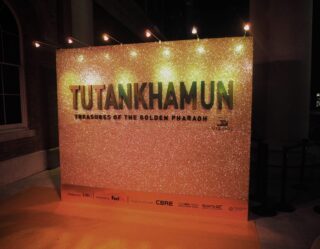 Tutankhamun Treasures of the Golden Pharaoh glittering press wall backdrop
