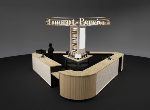 Modern retail kiosk with signage and display counter